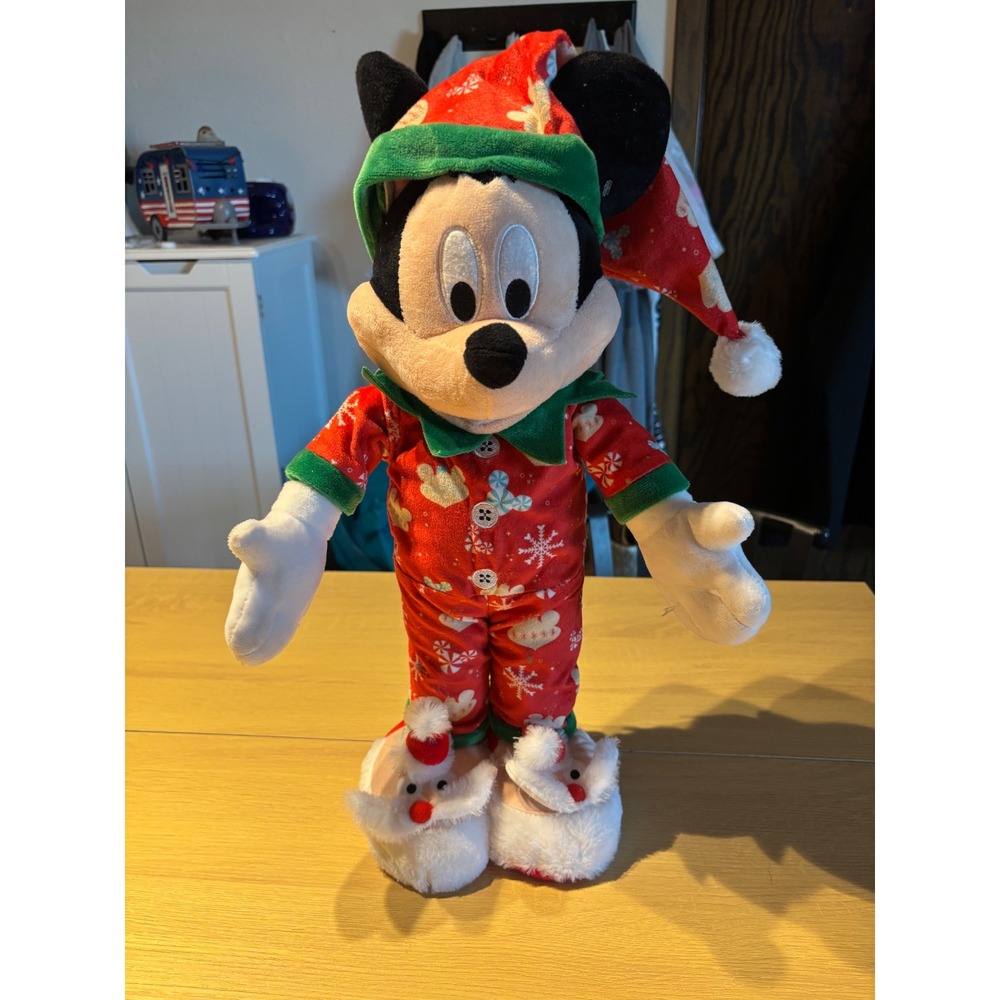 Disney Mickey Mouse Christmas Holiday Plush Greeter Pajamas Santa Hat Slippers